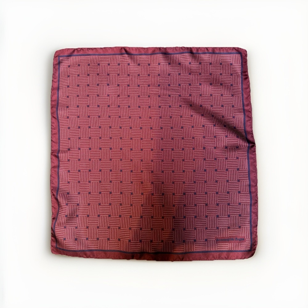 Ermenegildo Zegna Mens Geometric Printed Silk Pocket Square Navy Burgundy